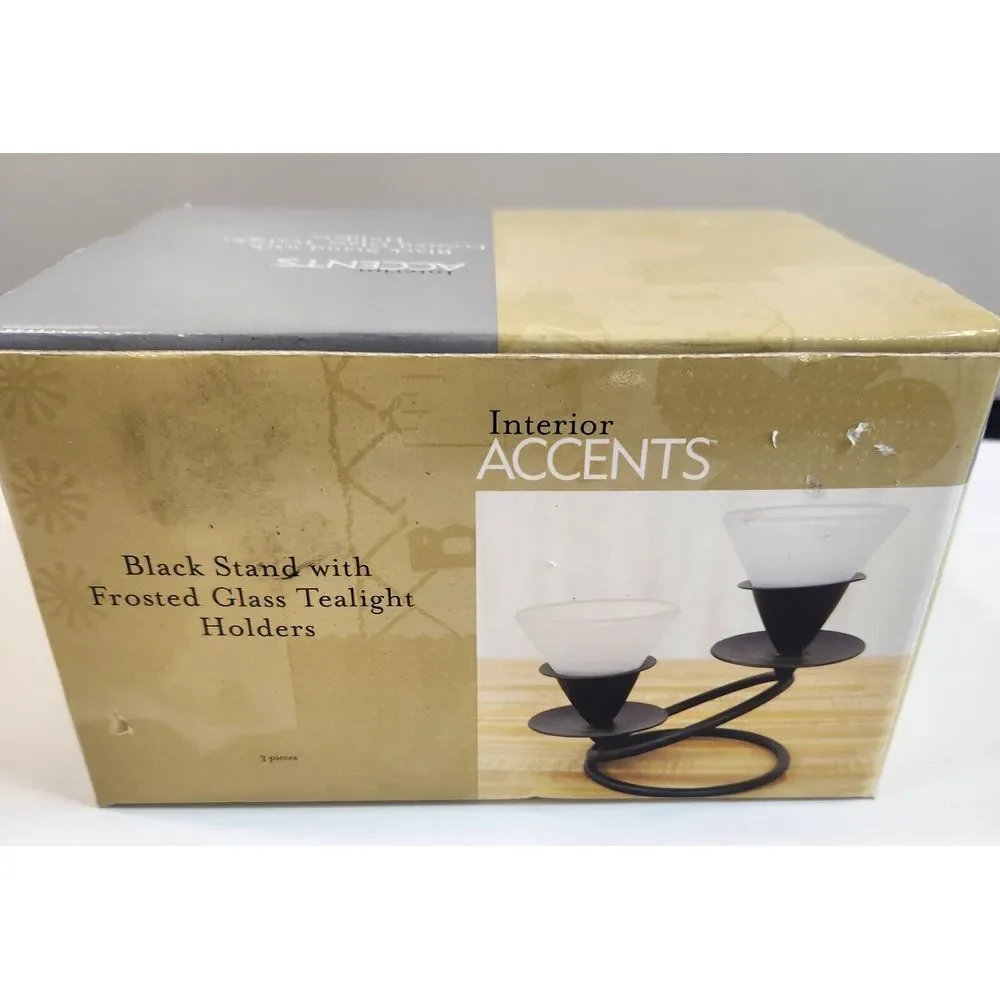 Black Stand With Two Frosted Glass Tealight Holders New with Box‎
